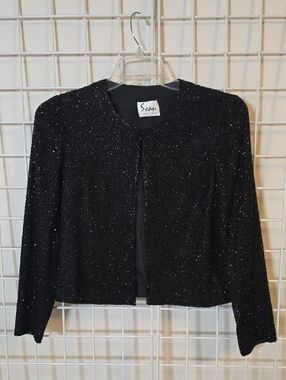 Sean Collection Black Silk Beaded Sparkle Open-Front Cropped Blazer Size Medium